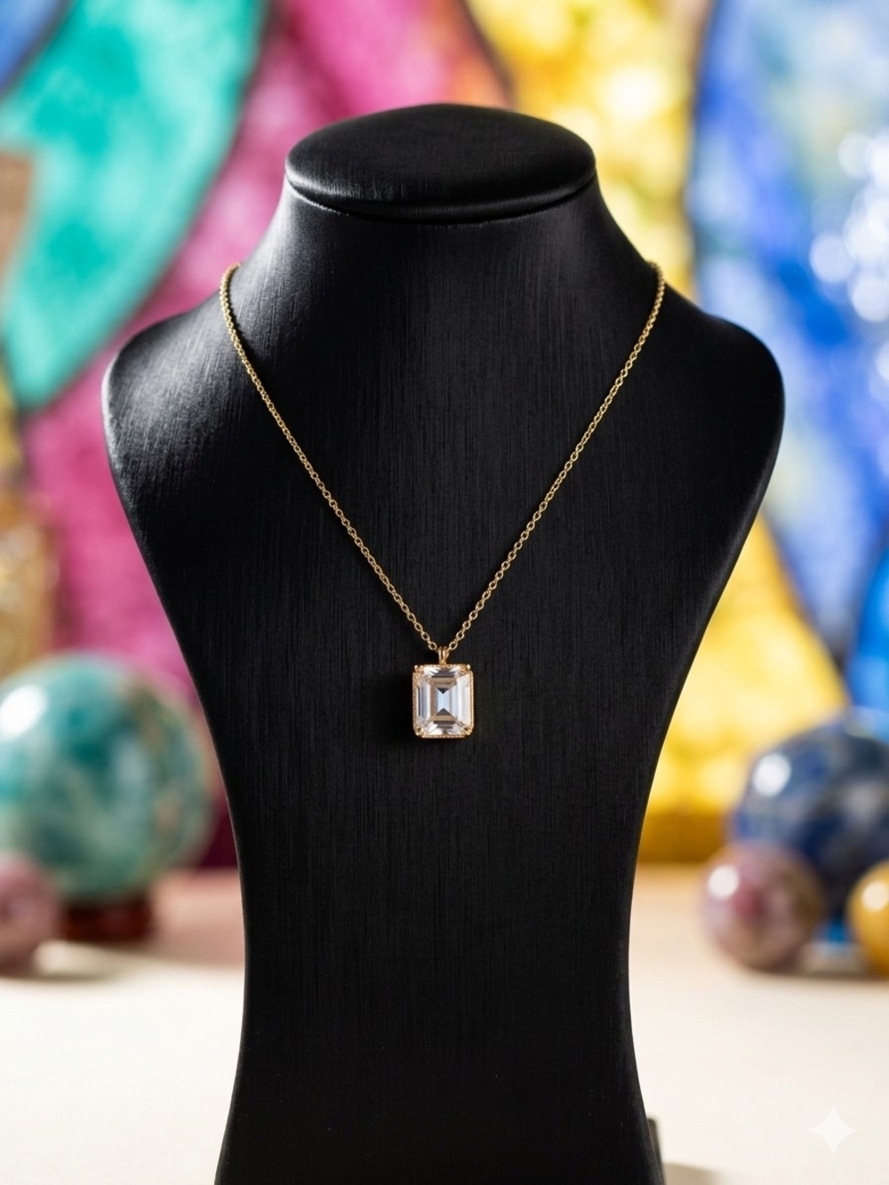 Gold Pendant Necklace with Emerald Cut Clear Crystal